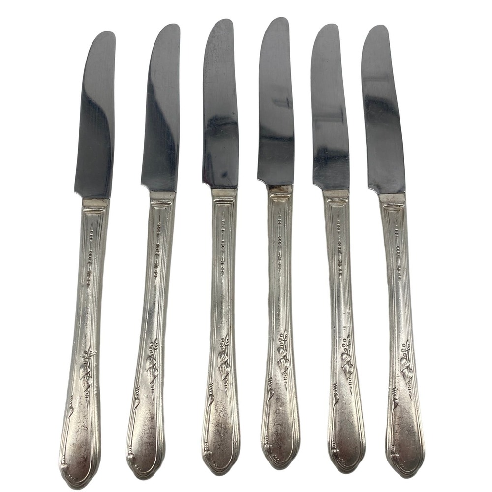 6 VTG Wm Rogers Oneda Meadowbrook Hollow Knife 36' Silverplate Flatware Ivy Leaf